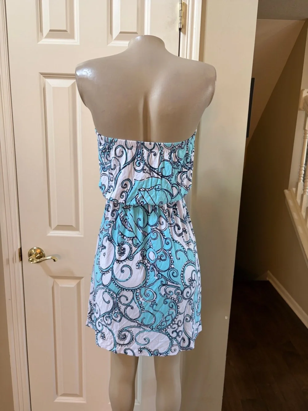 Lilly Pulitzer Turquoise & White Strapless Swirl Print Dress, small - Picture 3 of 4